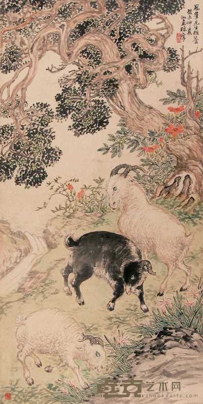陈摩 癸未(1934年)作 三羊开泰 立轴 131×66cm
